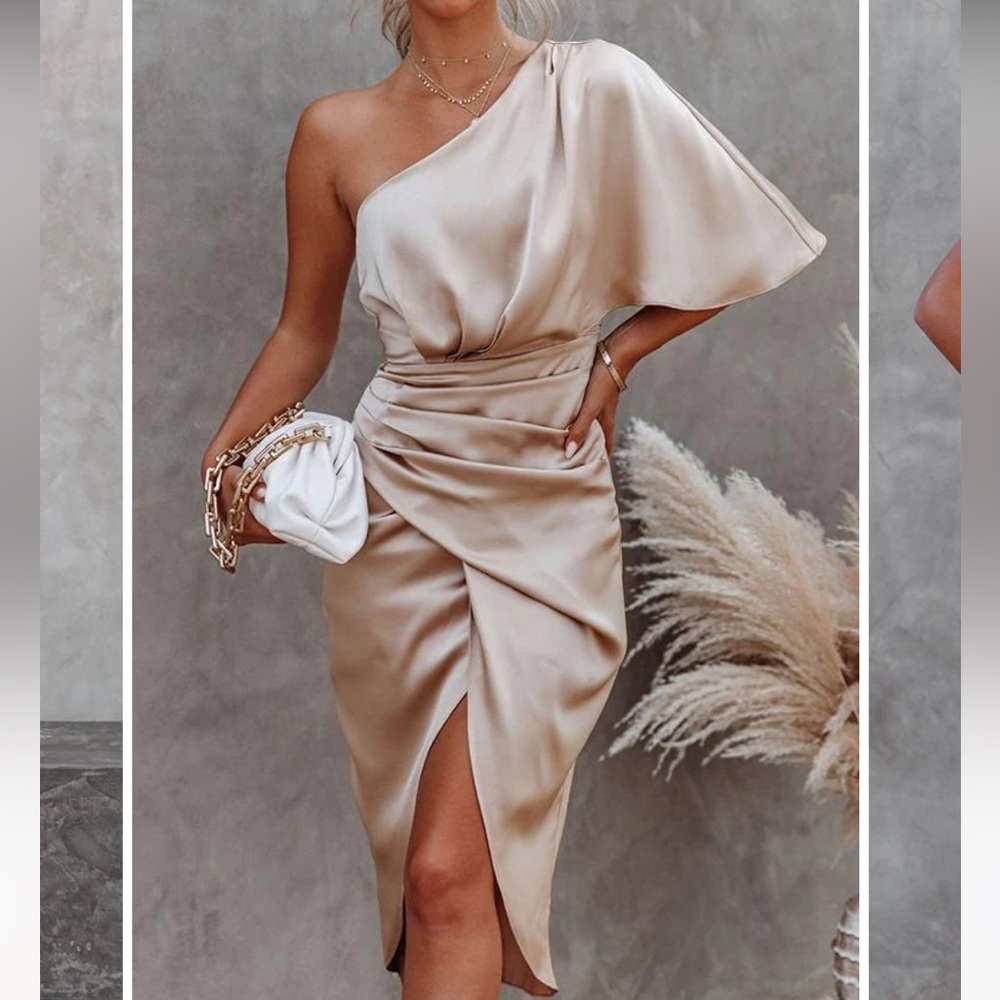 One shoulder satin drape dress
